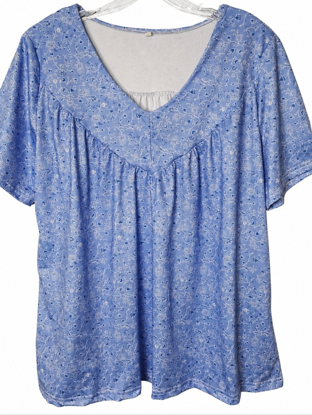 Women's Blue Floral V Neck Babydoll Tunic Top Size XL Soft Stretch Short Sleeve - Picture 2 of 6